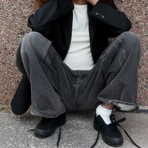 Stylish Black Blazer and Gray Wide-Leg Jeans